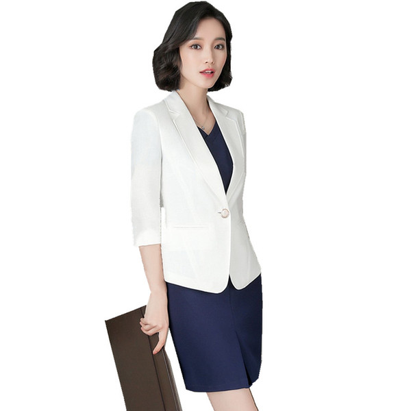 Fmasuth Summer Autumn Dress Suit Women Set 3/4 Sleeve White Blazer+Short Sleeve Blue Dress Business Set For Women 111YAN796XL