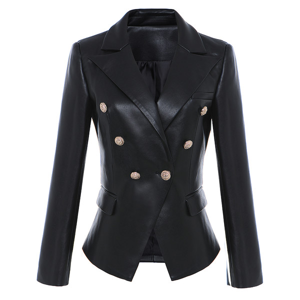 Wholesale-HIGH STREET Newest Baroque Fashion Designer Blazer Jacket Women's Lion Metal Buttons Faux Leather Blazer Outer Coat