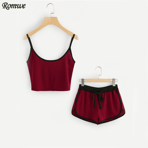 ROMWE Burgundy Casual Cami 2 Piece Set 2017 Women Ringer Brief Crop Top With Drawstring Shorts Summer Color Block Two Piece Set