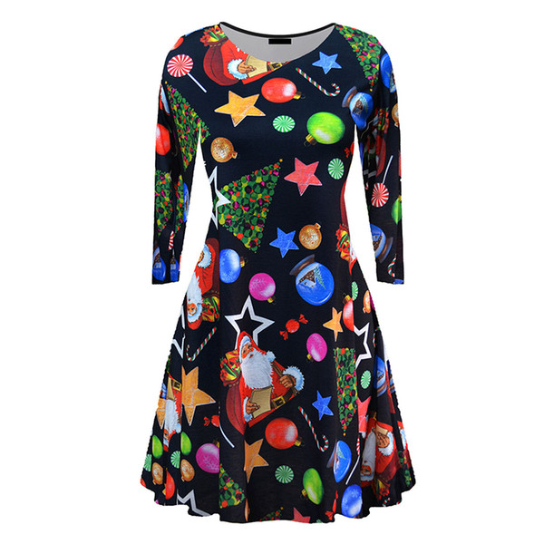2017 Autumn Winter A Dresses Christmas Long Sleeve Print O-neck Mini-Dresses Casual Female Vestidos
