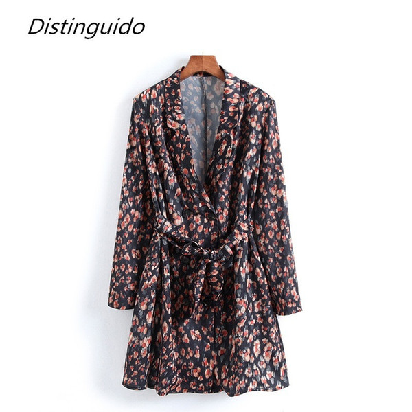 Women Vintage Floral Print Blazer 2018 Ladies Notched Collar Sashes Long Sleeve Casual Chiffon Outerwear Feminine Tops BL1809