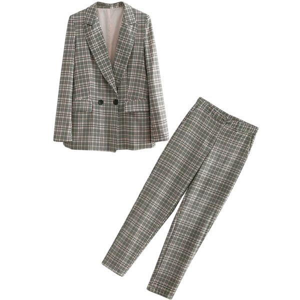 Set female 2018 autumn new temperament casual Slim plaid suit jacket + high waist trousers elegant fashion two-piece suit