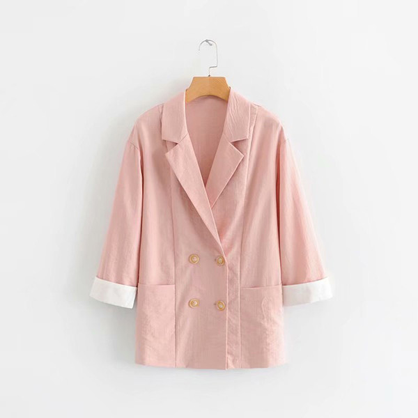 Coat 2019 Spring Women Tops Colorblock Blazer Double-breasted Cuff Curling Loose Suit 6691