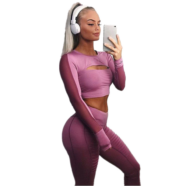 2018 Sexy Two Piece Set Top and Pants Mesh Hollow Crop Top and Ruched Leggings Sweat Suits Women Fashion Tracksuit
