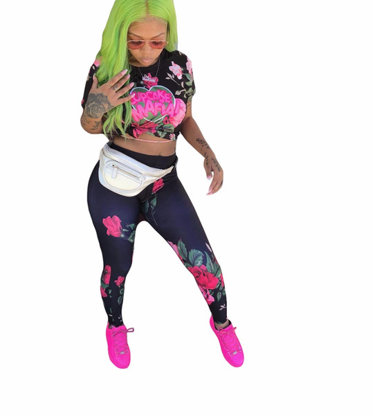 Hot Sale New Two Piece Tracksuit Crop Top And Long Pants Print 2 Piece Track Suit Set W8052