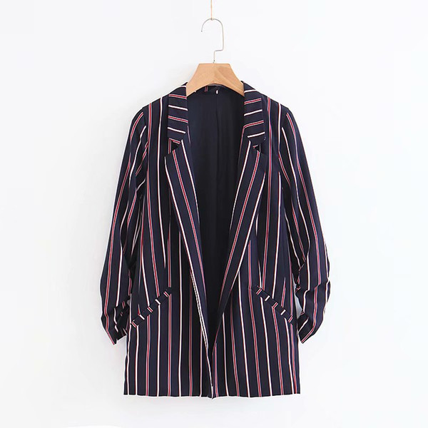 2018 New Arrivals Summer Thin Long Sleeve Blazers Women Striped Fold Sleeve Women Suit Tops D090