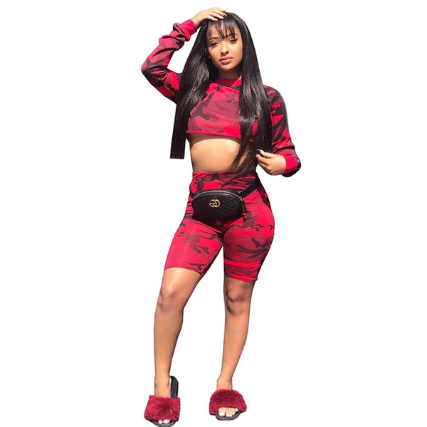 Fashion tracksuit for women casual 2 piece summer sets 2018 red print long sleeve pullover short top+shorts skinny women's suit