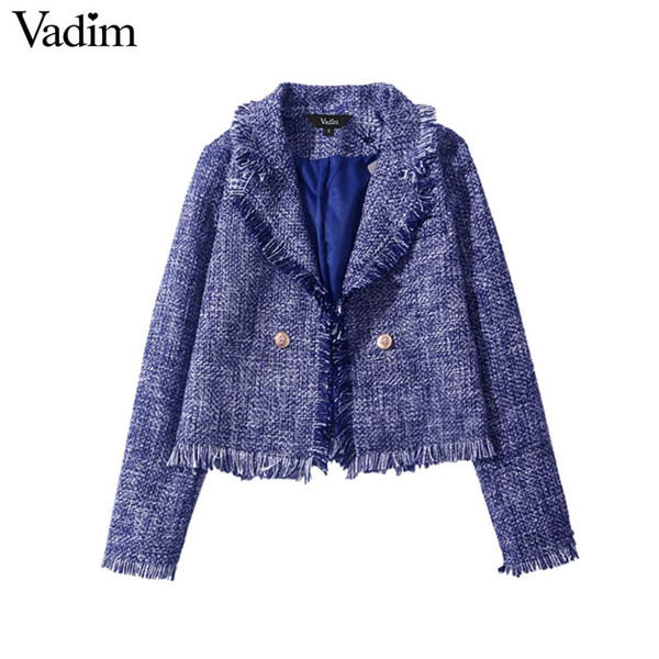 Vadim women vintage tweed plaid short blazer with tassels pockets buttons coat female casual outerwear chic tops CA207