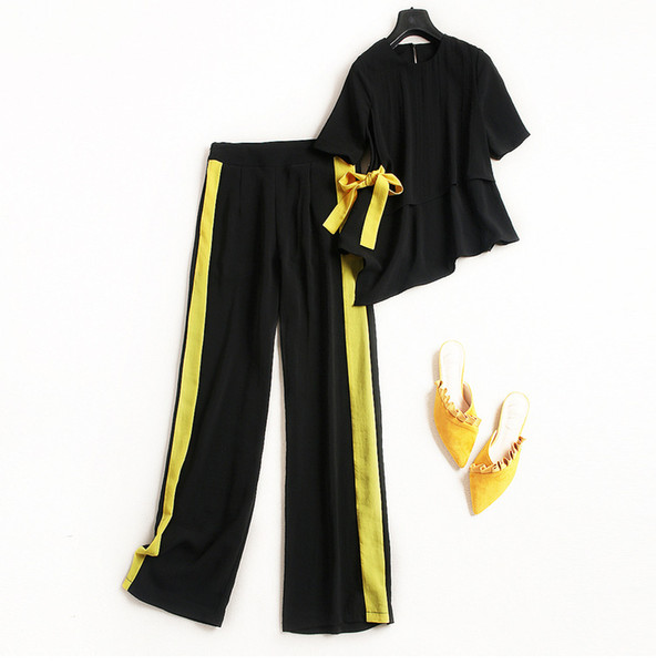 European women's wear The new summer With short sleeves bowknot Irregular T-shirt Contrast color pants suit