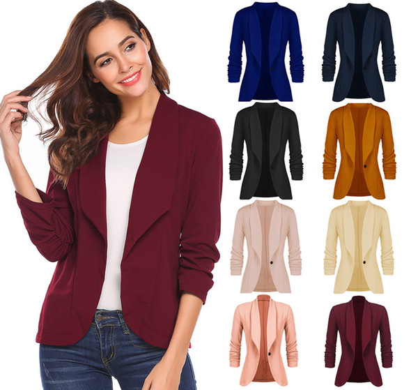 Fashion Women Lapel Neck Ruched Single Button 3/4 Sleeve Regular Length Working Blazers Casual Women Suits