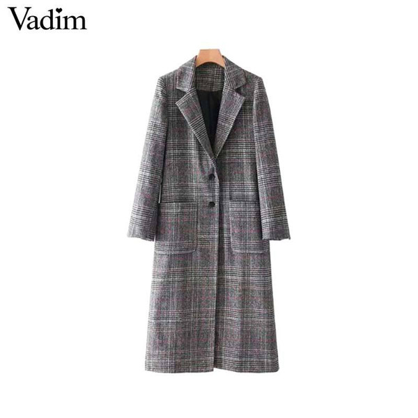 Vadim women vintage plaid long blazer pockets single breasted long sleeve coat retro female casual outerwear chic tops CA131 L18101302