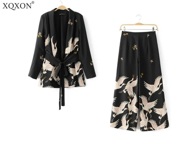 2018 New Women Palazzo Vintage Clothing Sets Crane Printed Blazer Wide Leg Retro Pant Female Bird Printed Outfit Pant Suits