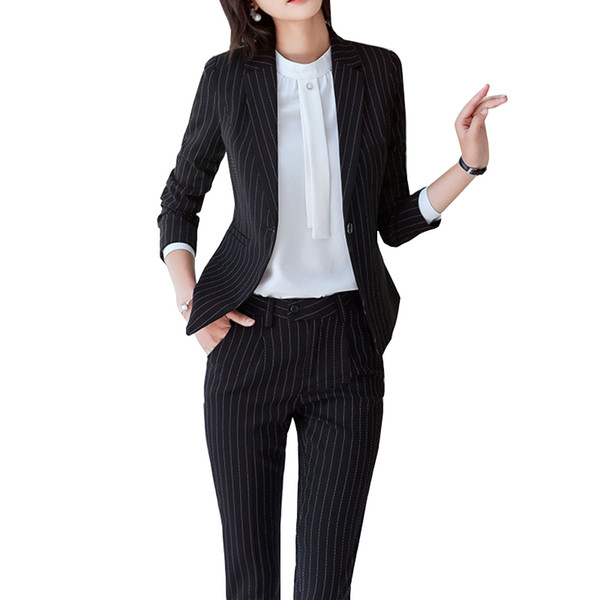 5XLBlazer Jacket+PantsWomens Business Suits Black Striped Slim 2 Pieces Set Formal Professional Pant Suits Ladies Office Uniform