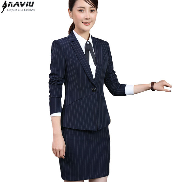 New Fashion stripe skirt suits business Interview office women slim long sleeve blazer with skirt plus size formal work wear