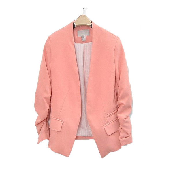NEW Chic Basic Solid Color Fashion Blazer Women 3/4 Sleeve Pockets None Button Blazer Woman Slim Short Suit Jacket