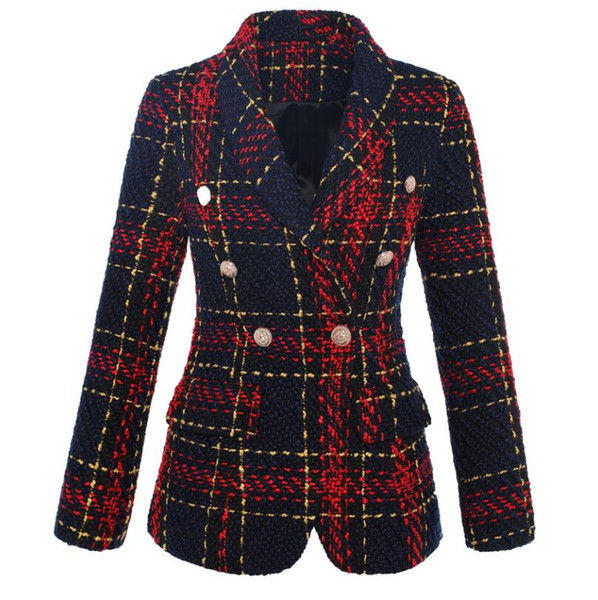 New Fashion Popular Line And Plaid Knitting Weaving Full Sleeve Polyester Double Breasted High Quality Blazers