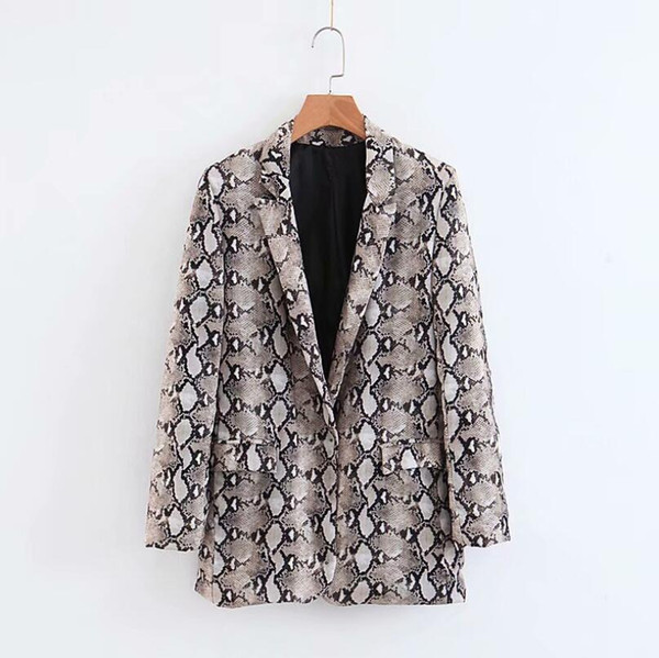 2018 Women England Style Snake Print Blazer Pockets Notched Collar Long Sleeve Coat Female Outerwear