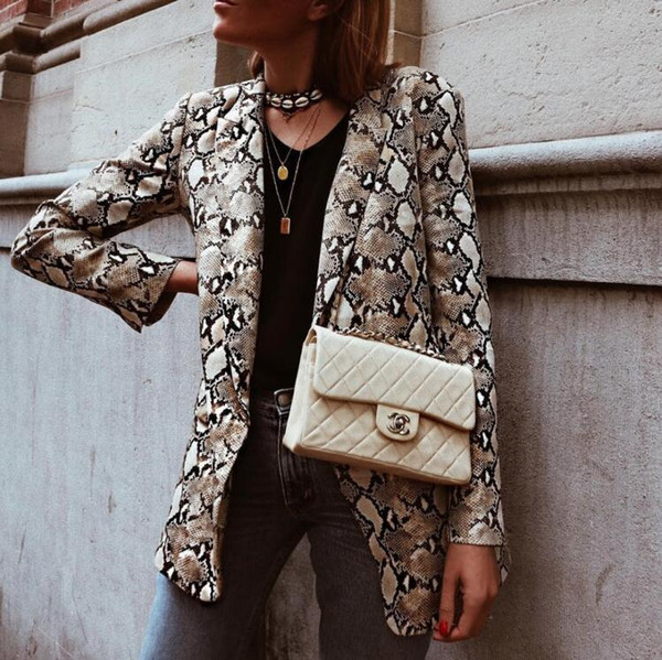Vintage Snake Print Blazer Pockets Notched Collar Long Sleeve Coat Outerwear Female Retro Loose Casaco Feminines