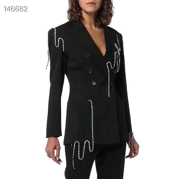 Office Wear Fashion Jacket Blazer Women Double Breasted Warm Coat Outwear Autumn 2020 Female Diamonds Tassel Chain Black Blazer Lady