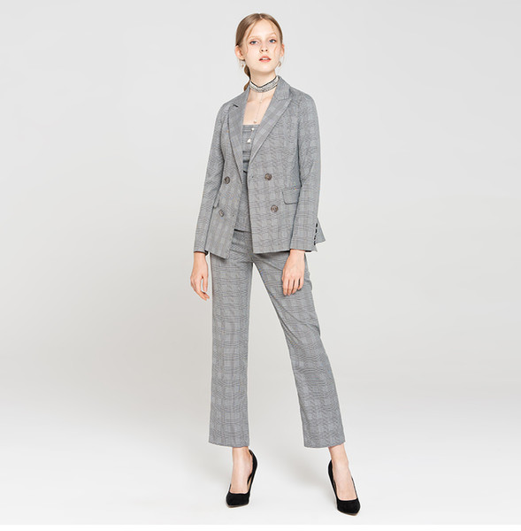 autumn handsome grey lattices suit long sleeve coat slim fit sexy boob tube top casual fashion suit pants female workplace party trousers