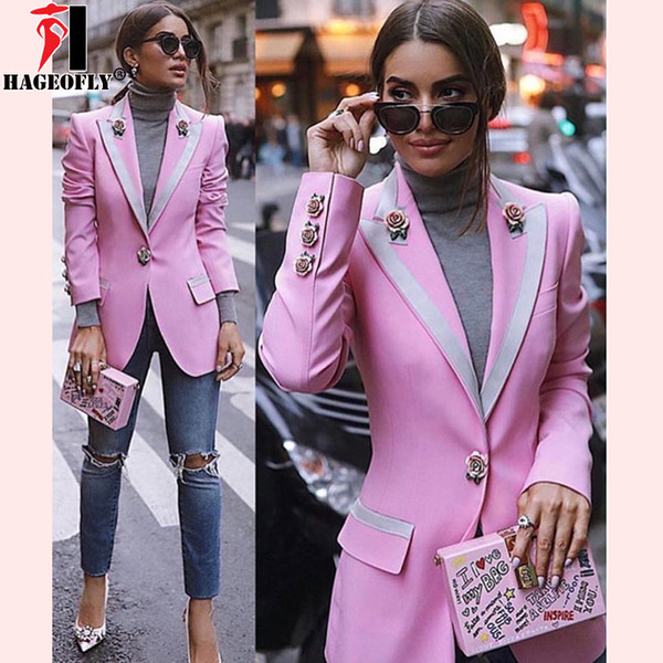 HAGEOFLY High Quality Fashion 2018 Designer Blazer Women Long Sleeve Floral Lining Rose Buttons Pink Blazers Outer Jacket Female