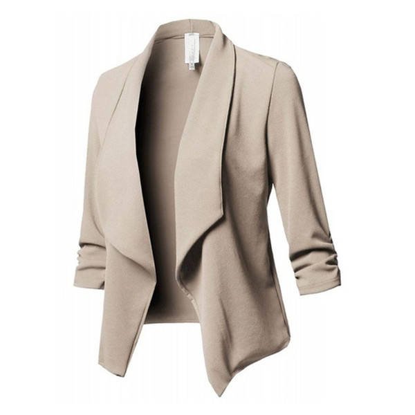 Womens Three-Quarter Sleeve Office Lapel Coat Open Front Cardigan Jacket Solid