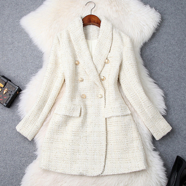 Runway 2019 Designer Blazer Women's Double Breasted Metal Button Long Sleeve Notched Collar Jacket Wool Blends Tweed Blazer Coat