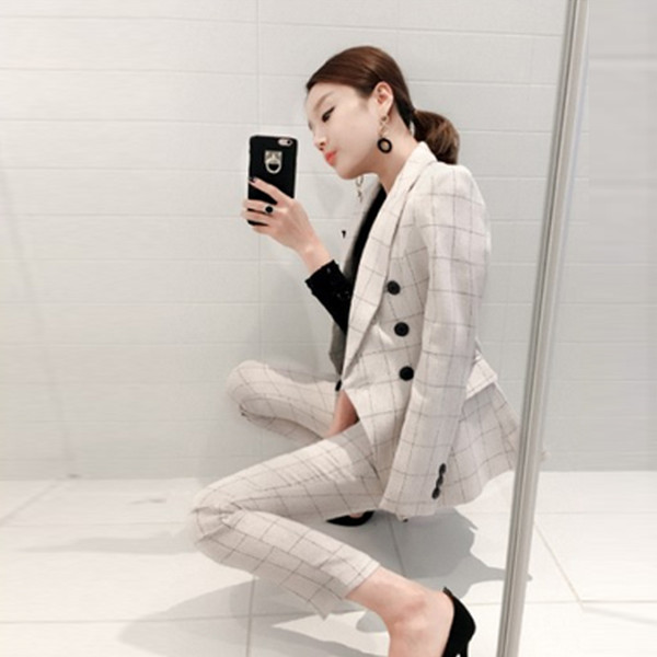 Women business Suits 2018 Cotton Linen Women's Pants Suit slim Suit Jackets Office Ladies formal Pants Work wear 2 piece set