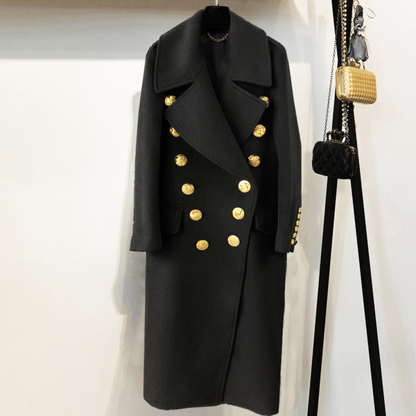 Winter Women Black Long Blazer Coat Runway Designer Double Breasted Gold Buttoms Ladies Party Overcoat Clothing