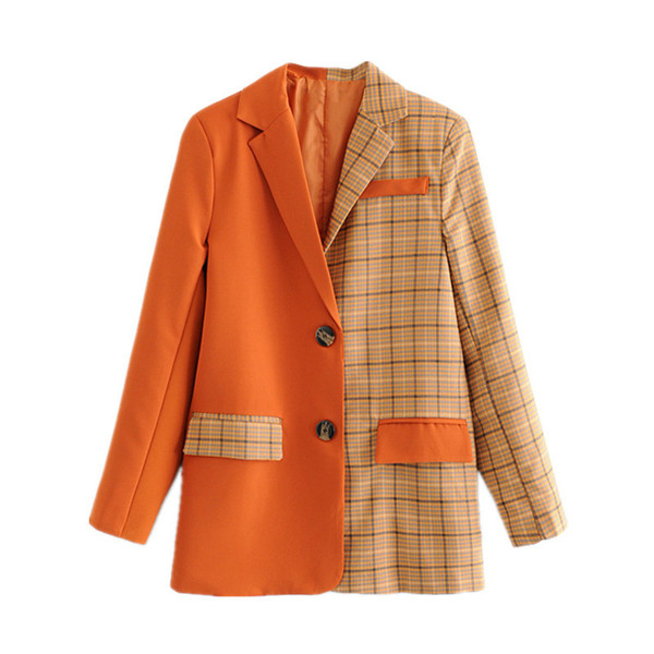 DEAT 2019 Women Blazer Plaid Jacket Female Patchwork Solid Orange Long Sleeve Ladies Office Work Outerwear Suit Coat MF971