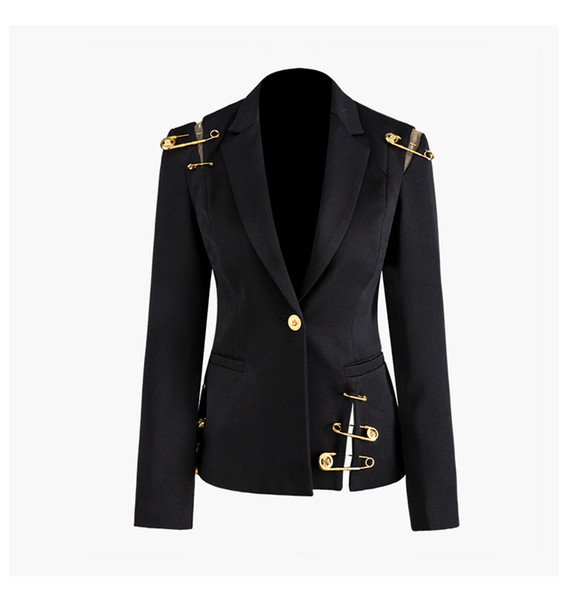 New Autumn Winter Women Black Blazers Lion Head Golden Button Pins Blazer Coat Long Sleeve Slim Office Business Suit Jacket A114