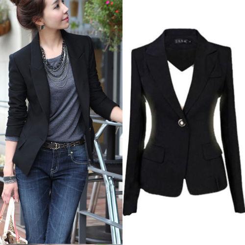 Ladies Blazer Casual One Button Jacket Fashion Women Coat Slim Office Suit