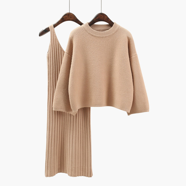 Two piece set Women knitted crop sweater and slim dress suits 2017 Autumn loose hoodies knitwear pullover Elegant office suit