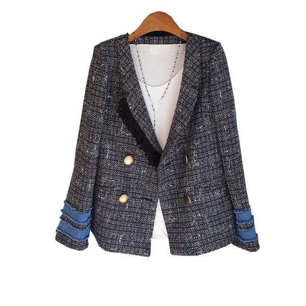2019 Autumn Patchwork Plaid Vintage Blazer Women Jacket Notched Collar Slim Tassel Tweed Suit Outerwear