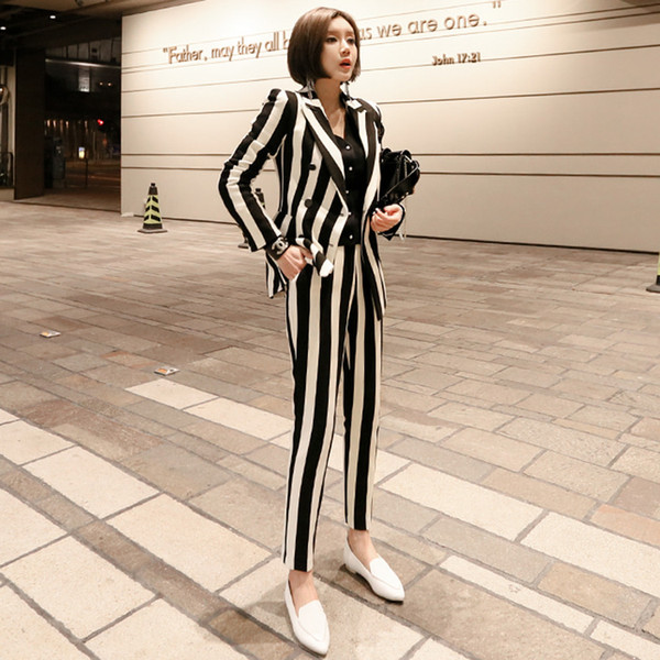 Women blazer set korean black white striped double breasted formal business Pants suits office lady work wear clothing jn127