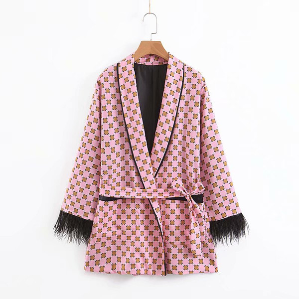 WT210 European Design Pink Color Geometric Print Feather Deco Sleeve Sashes Deco Blazer Outwear Tops