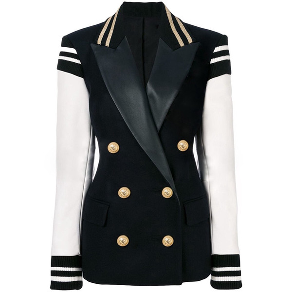 HIGH STREET New Fashion 2019 Stylish Blazer Jacket Women's Leather Sleeve Patchwork Lion Buttons Blazer