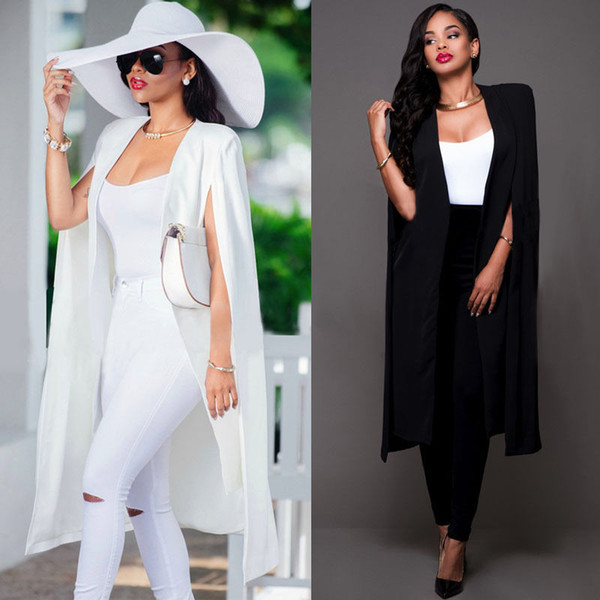 2016 Autumn White Black Blazer Women Fashion Slim Long Cape Blazer Coat Woman Double Breasted Suit Jacket Coat Outwear