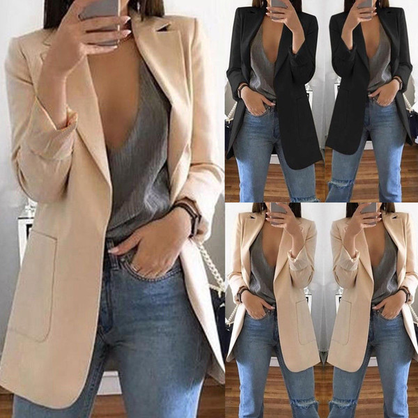 Fashion Slim Blazers Women Autumn Suit Jacket Female Work Office Lady Suit Black with Pockets Business Notched Blazer Coat