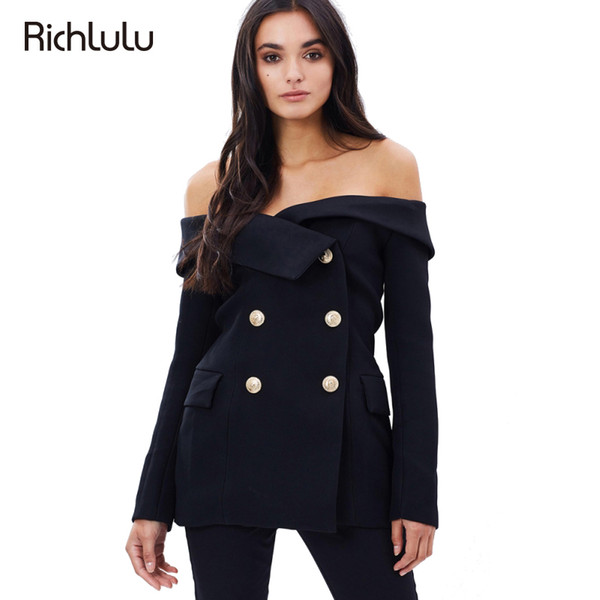 RichLuLu Black Sexy Off Shoulder Blazer Black Double Breasted Slash Neck Vintage Slim Coats Office Lady Casual Women Outwear