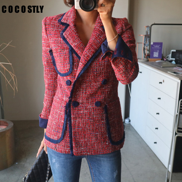 Double Breasted Suit Jacket Female women blazers and jackets Casual Chic British Tassel Patchwork Tweed Blazers Coats