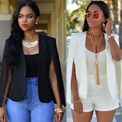 Fashion Cloak Cape Blazer Women Coat White Black Lapel Split Long Sleeve Pockets Solid Casual Suit Jacket Workwear