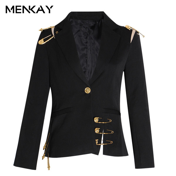 [MENKAY] Hollow Out Patchwork Lace Up Women's Blazer Notched Long Sleeve Slim Elegant Female Suit 2019 Autumn Fashion New