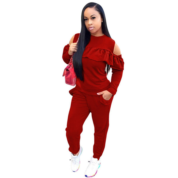 Fashion Ruffles Autumn Winter 2 Piece Set Women Casual Solid Sexy Off Shoulder Long Sleeve Pullover Tops + Pockets Pants Outfit