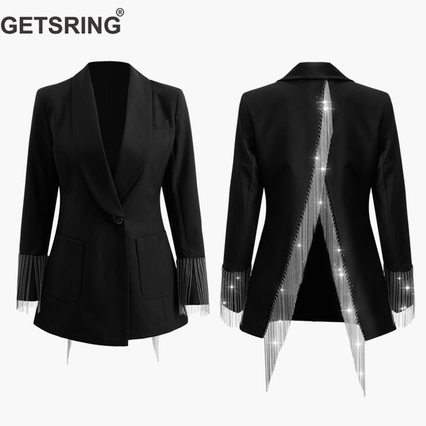GETSRING Women Blazer Irregular Womens Blazers Long Sleeve Womens Jackets Chain Tassel Split Suit Blazer Female Suit Coat Spring