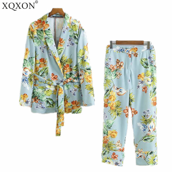 Autumn 2018 Women's suit European style holiday lady's pajamas flower pattern blue Blazer And Pant suit casual two / piece