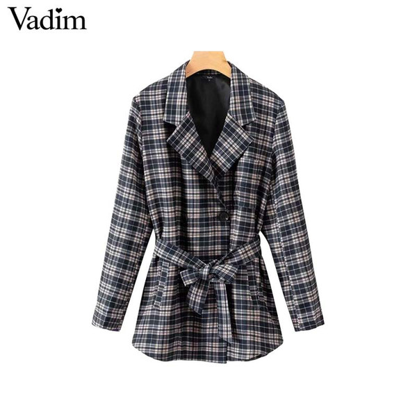 Vadim women plaid long blazer double breasted pockets bow tie sashes long sleeve coat retro casual outerwear oversized top CA224