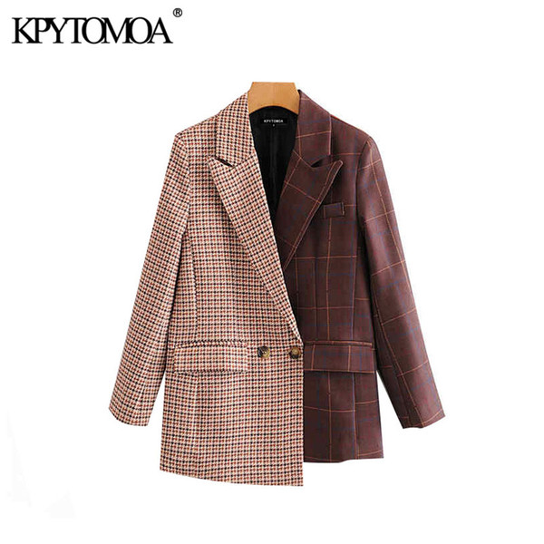 Vintage Stylish Patchwork Plaid Irregular Blazer Coat Women 2020 Fashion Notched Collar Long Sleeve Female Outerwear Chic Tops