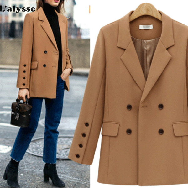 LALYSSE Autumn Winter Suit Blazer Women Office Double Breasted Pocket Women Long Jackets Elegant Long Sleeve Blazer Outerwear
