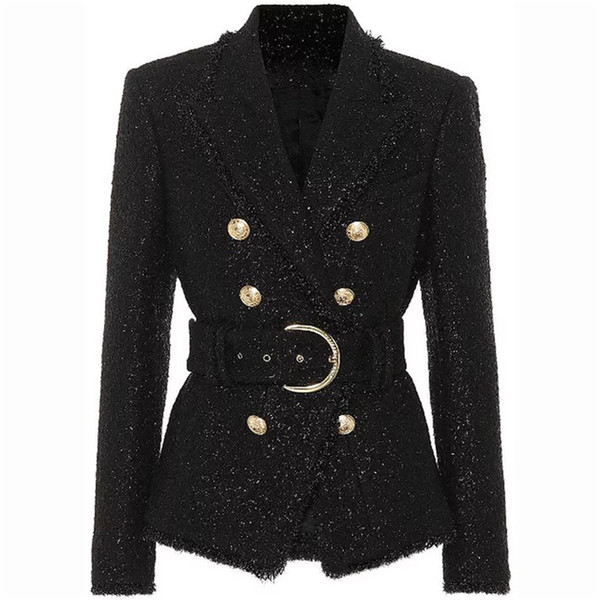 Fashion Blazer Jacket Women Suit Spring Newest Fashion Black Slim Women's Silver Glitter Lacing Belt Blazer Coat